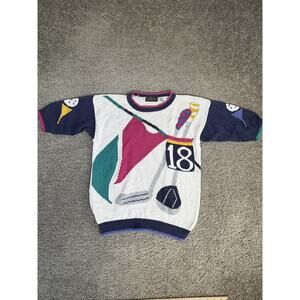 LINKSPORT Sweater Womens M White Golf Knit Pocket Pullover Colorblock Graphic